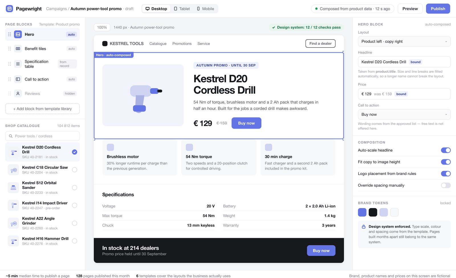Page builder: block list and shop catalogue on the left, the generated product landing page on the canvas with the hero block selected, and the inspector showing fields bound to the product record