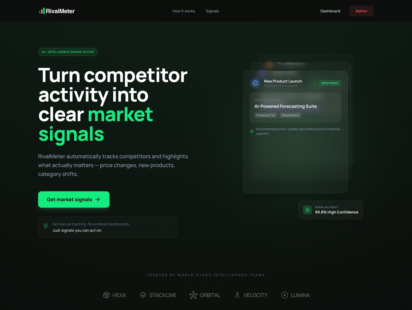 RivalMeter landing page: turn competitor activity into clear market signals