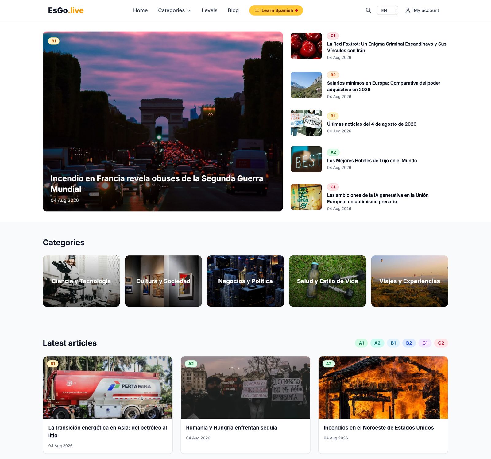 EsGo.live home page: CEFR-levelled Spanish news articles, category tiles and a level filter
